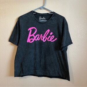 Barbie Cropped Acid Wash Black Cotton T-Shirt with Pink Logo Women’s Large